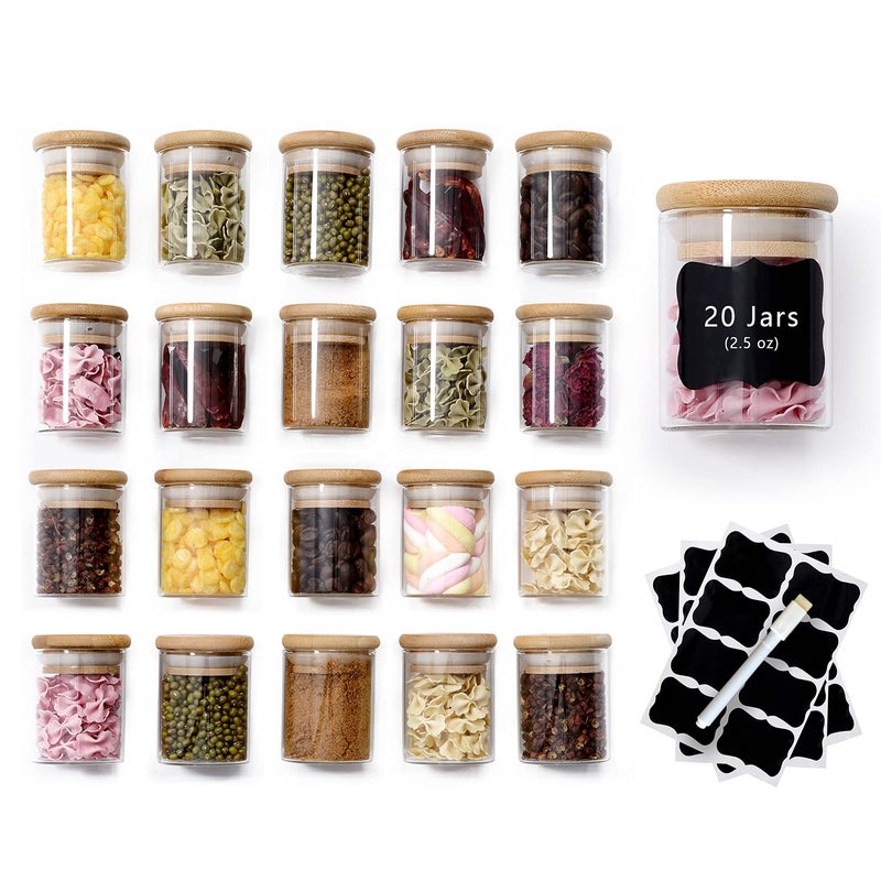 ZPGXLRZ 20 Pcs Glass Spice Jars with Airtight Bamboo Lids  Labels and Pen  2.5oz Mini Clear Food Storage Containers for the Pantry  Kitchen Canisters for Tea  Herbs  Sugar  Salt  Coffee and More - Image 1